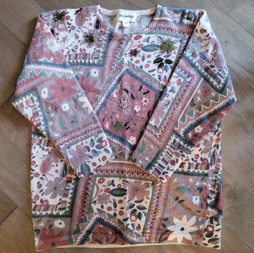 Vintage pink boho paisley print beaded embroidered mohair sweater